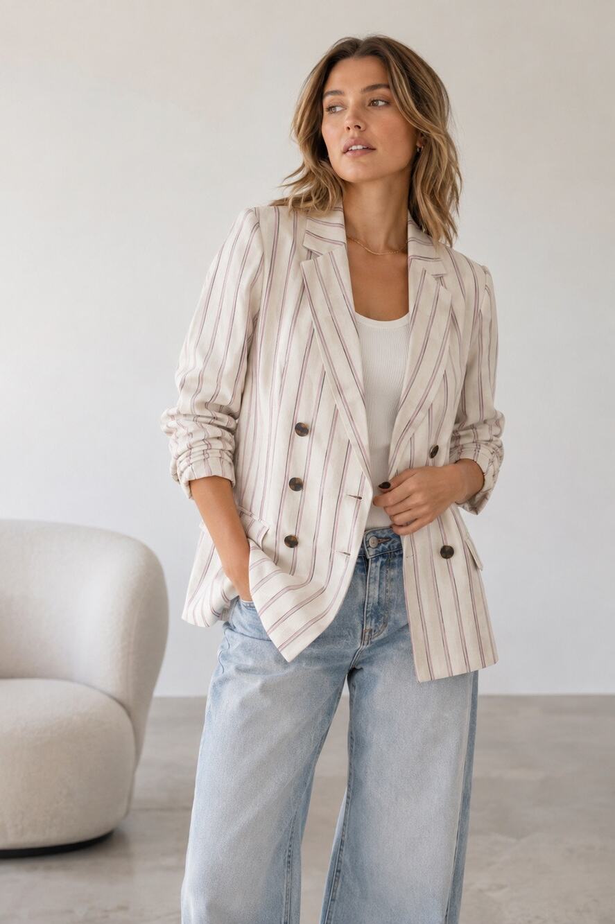 J.Jill Linen Blend Striped Double Breasted Blazer Women L Ivory Pink Coastal